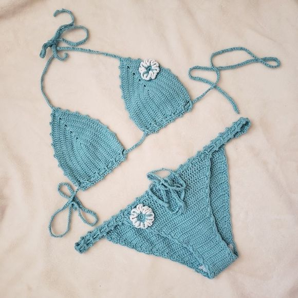 HANDMADE crochet Aqua green Bikini size S - Picture 3 of 8